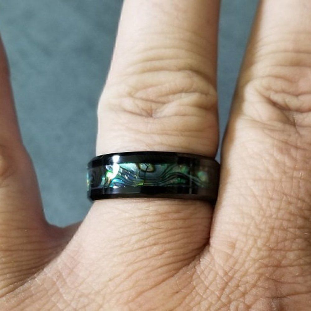 Men's Real Black Tungsten Wedding Ring With Abalone Shell Inlay - Picture 2 of 11